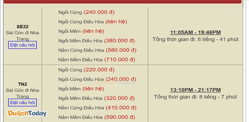Bảng giá vé tàu hỏa từ Sài Gòn vào Nha Trang theo từng loại ghế