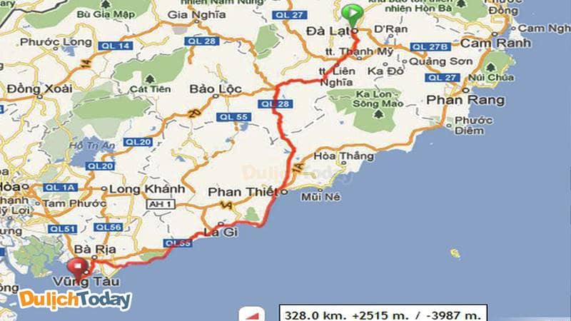 Đường đi Đà Lạt bằng xe máy từ Vũng Tàu theo công đường phụ (google map)
