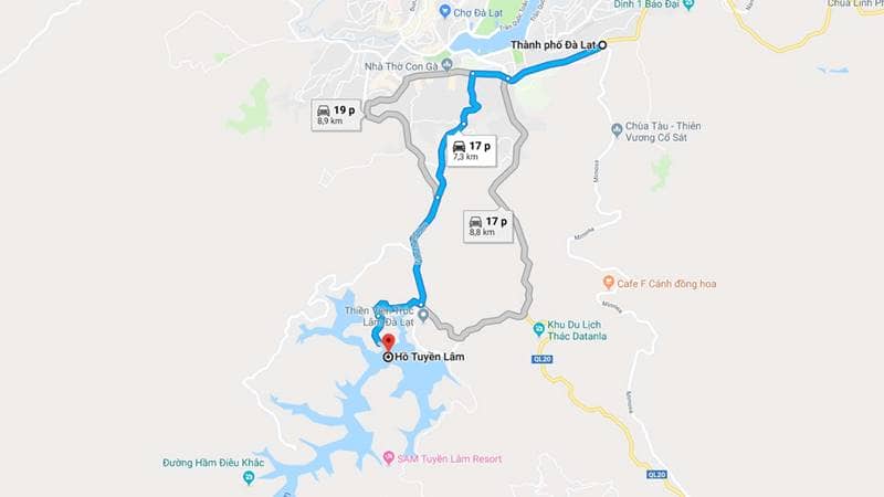 Đường đi hồ Tuyền Lâm từ trung tâm Đà Lạt là khoảng 8km