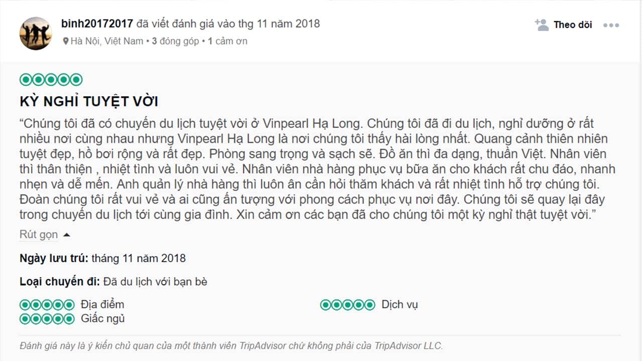 Review Vinpearl Hạ Long Resort của một khách du lịch trên TripAdvisor