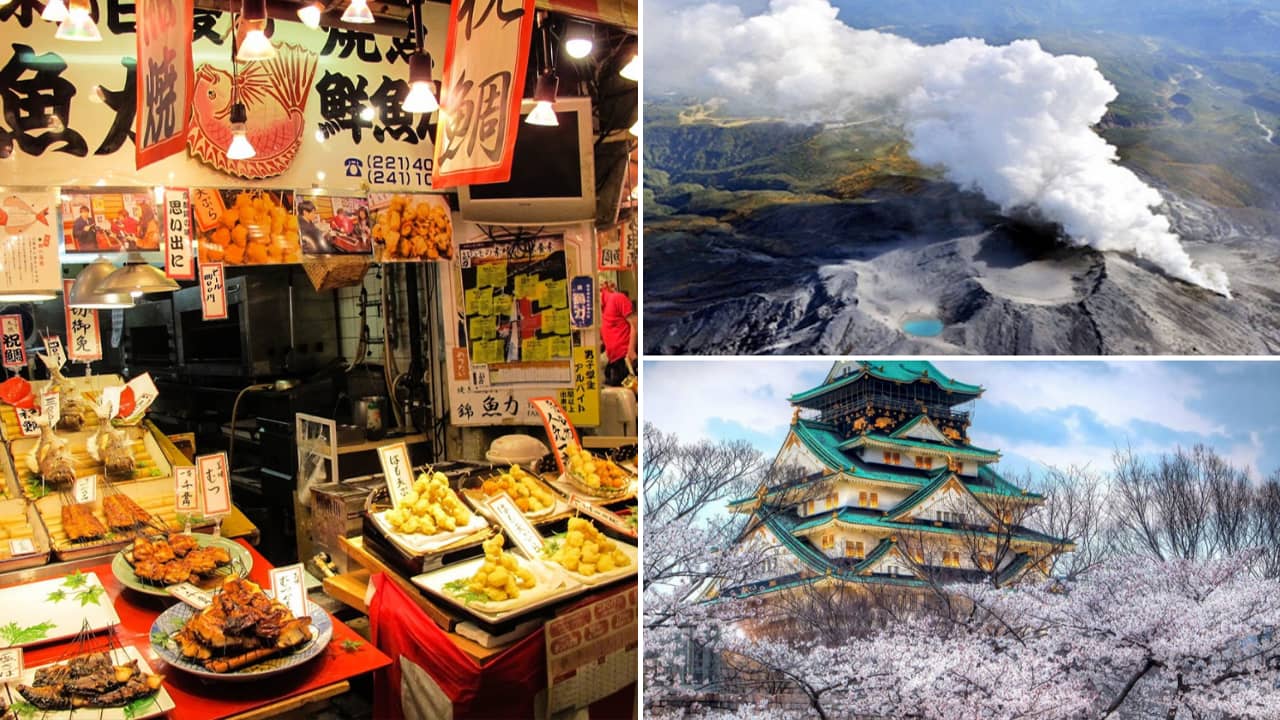 Tháng 3 du lịch Nhật Bản bạn có thể ghé thăm vùng đất có núi lửa Aso hoặc Osaka - thiên đường ăn uống. Nguồn: Internet