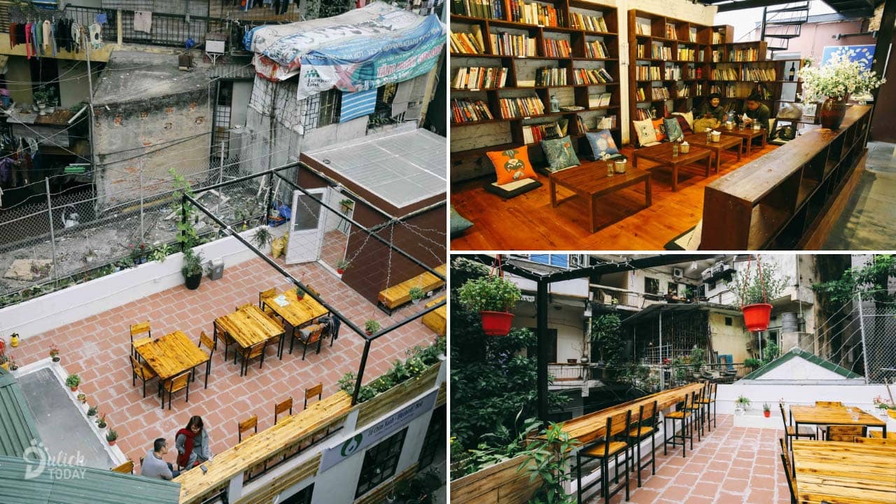 Quán cafe sách Hà Nội Tổ Chim Xanh với không gian mở trên ban công và những kệ sách lớn phục vụ nhu cầu đọc sách