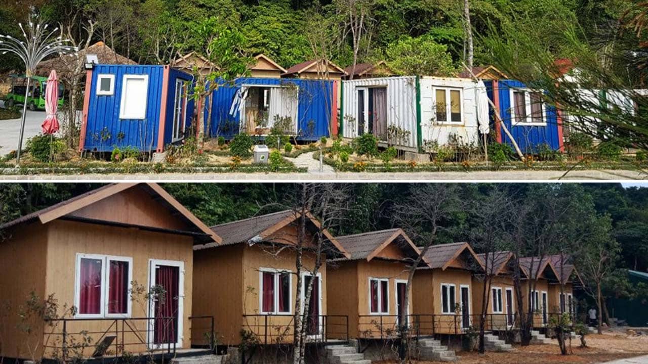 Dãy phòng nghỉ dạng bungalow và container tại homestay Thủy Hoàng Cô Tô. Nguồn: Internet