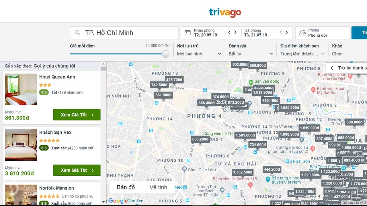 Giao diện bản đồ thông minh của Trivago