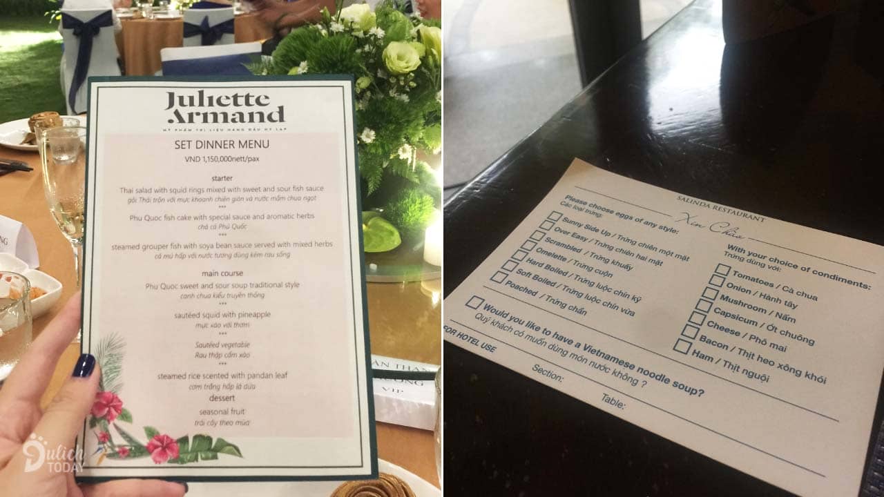 Menu và giấy order món khi ăn tại nhà hàng ở Salinda Resort Phú Quốc