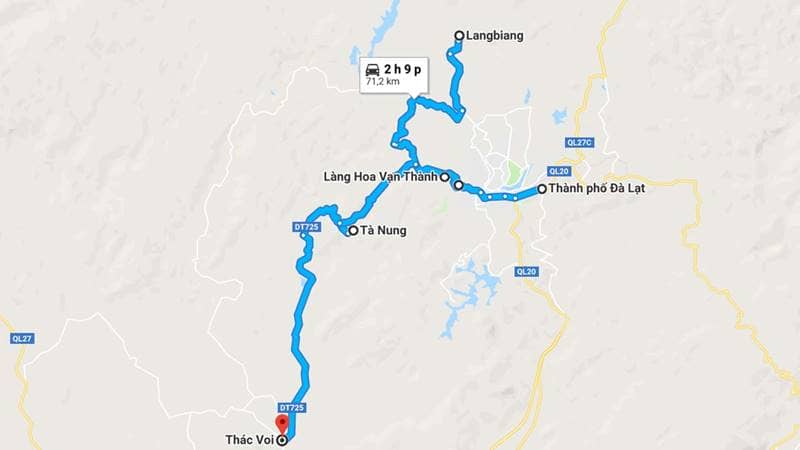 Bản đồ cung đường Đà Lạt - Sân Bay Cam Ly - Làng hoa Vạn Thành - Thị trấn Tà Nung - Thác Voi/Núi Langbiang