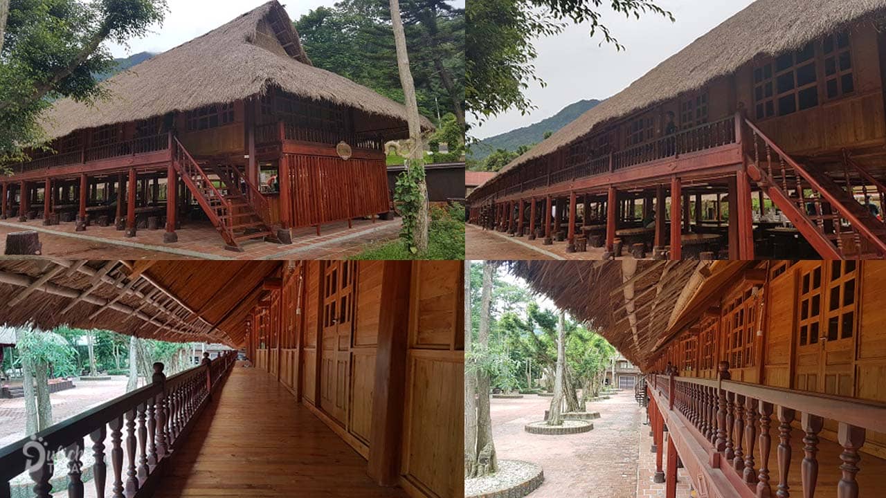 Nhà sàn được làm bằng gỗ sa mộc, mái nhà lợp bằng cỏ tranh tại Paragon Hill Resort Ba Vì