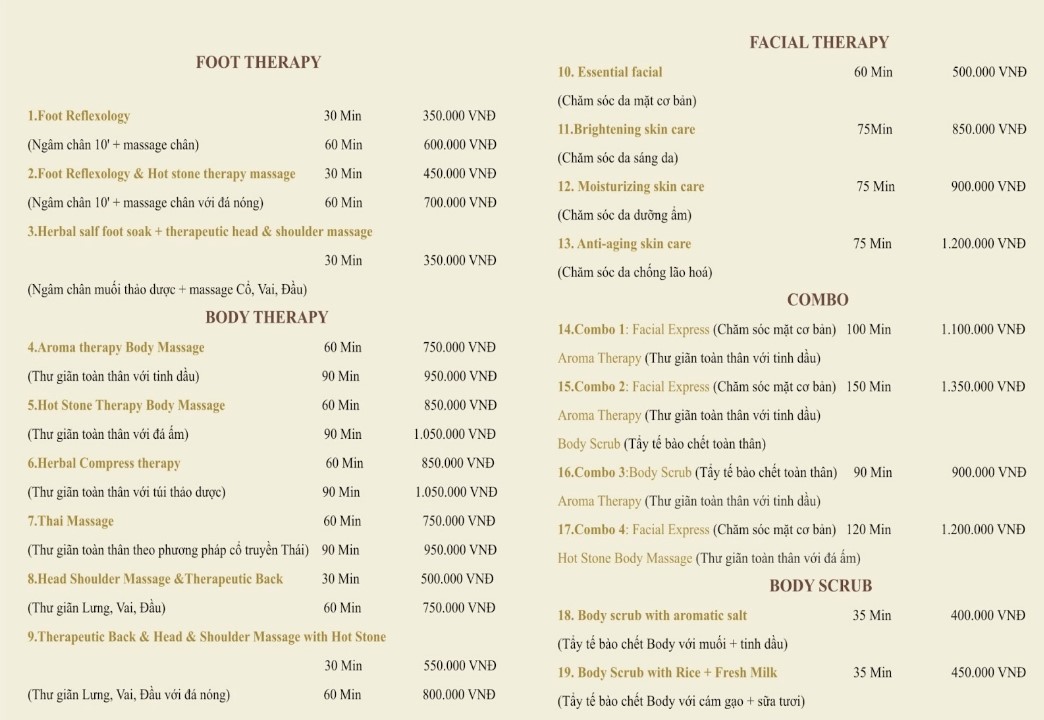 Bảng giá chi tiết các dịch vụ tại Mây Spa Trần Phú